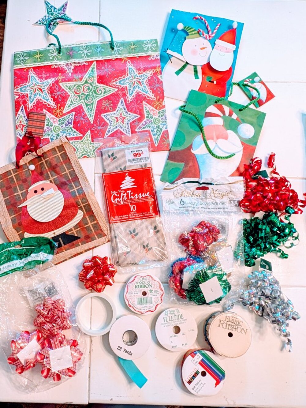 VTG Lot of Christmas Gift Wrapping Craft Supplies Bags Tissue Ribbon Bows NOS